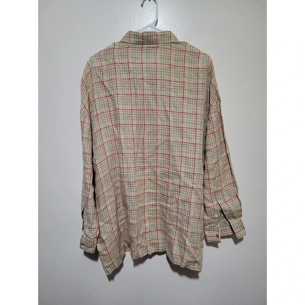 Company Ellen‎ Tracy Linen Shirt Mens Large Beige Plaid Long Sleeve